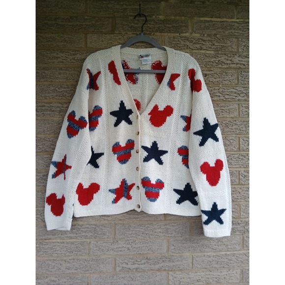 Disney Sweaters - Vtg Walt Disney World Women's Patriotic Mickey Mouse Knit Cardigan Sweater Sz XL